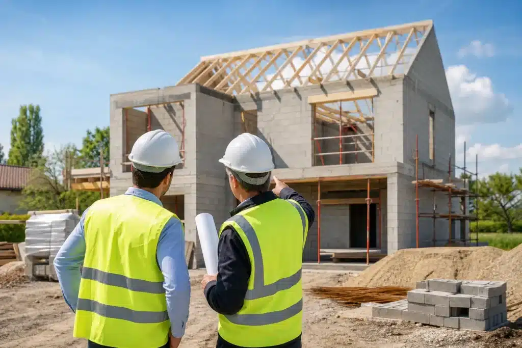 Maitre d ouvrage et expert en batiment visitant un chantier de maison individuelle en CCMI