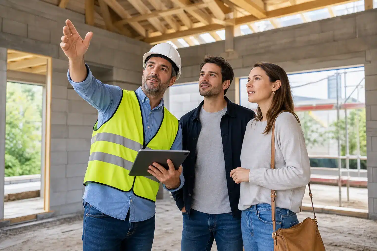 Expert Check my House accompagnant un couple lors d'une visite de chantier de maison en CCMI