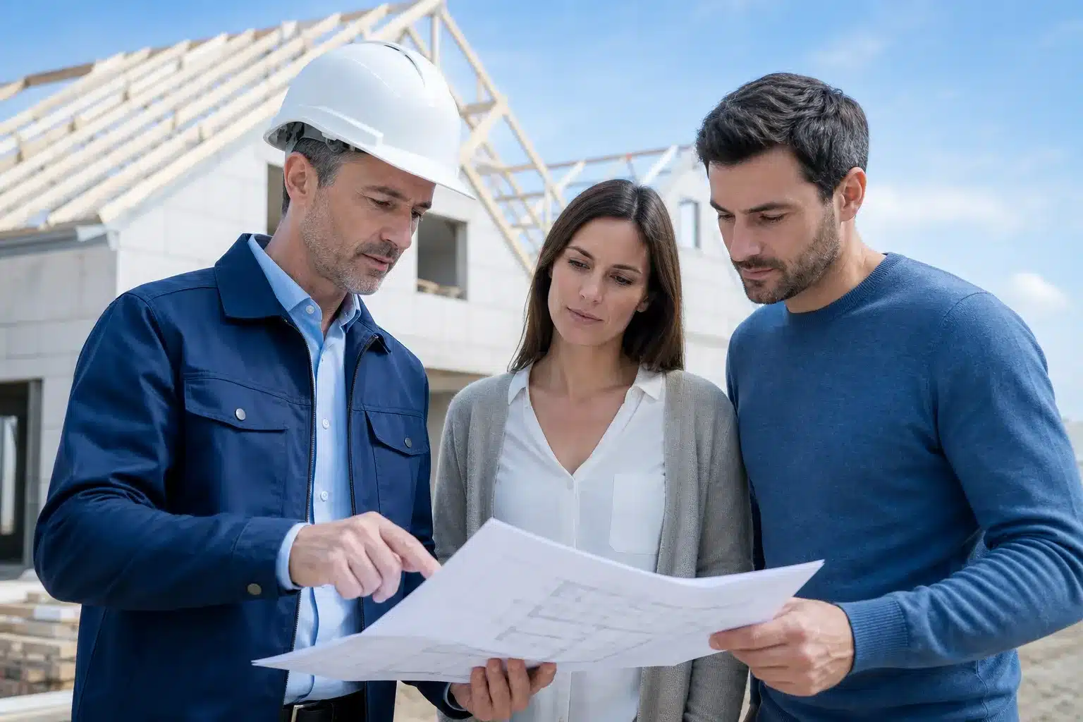 Expert en bâtiment examinant des plans modifiés et un avenant sur un chantier aux côtés d'un couple de maîtres d'ouvrage