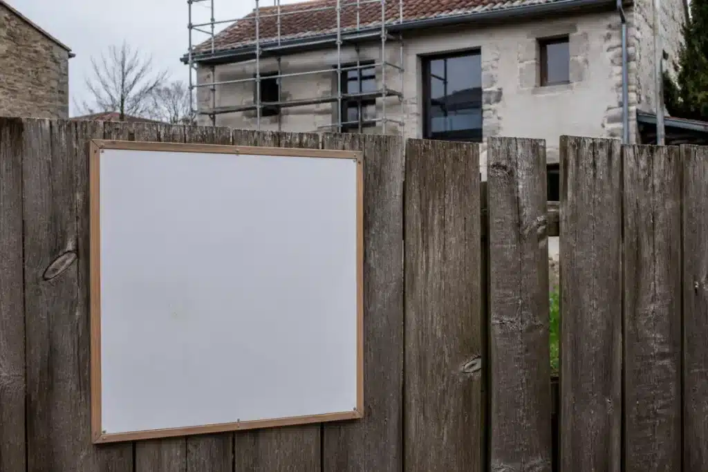 panneau d affichage d une autorisation d urbanisme devant un chantier