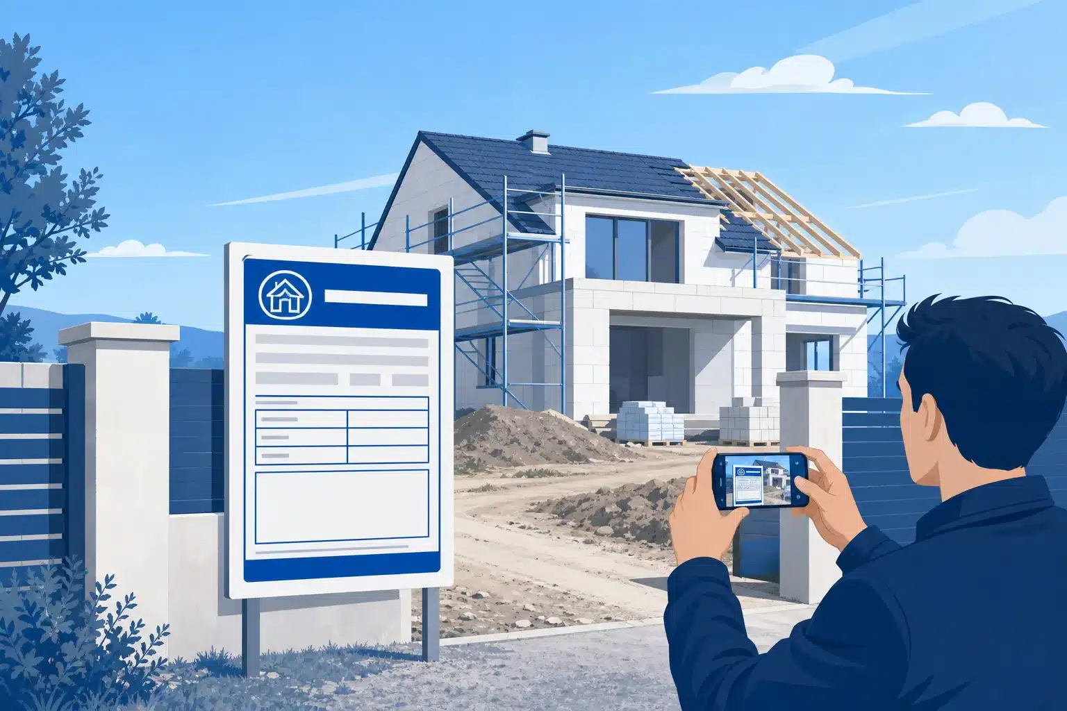 Panneau reglementaire d affichage du permis de construire installe sur le terrain d une maison en CCMI