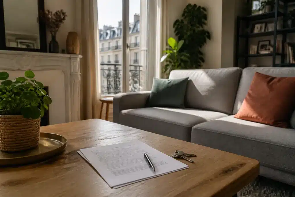 Bail d habitation signe et cles posees sur une table basse