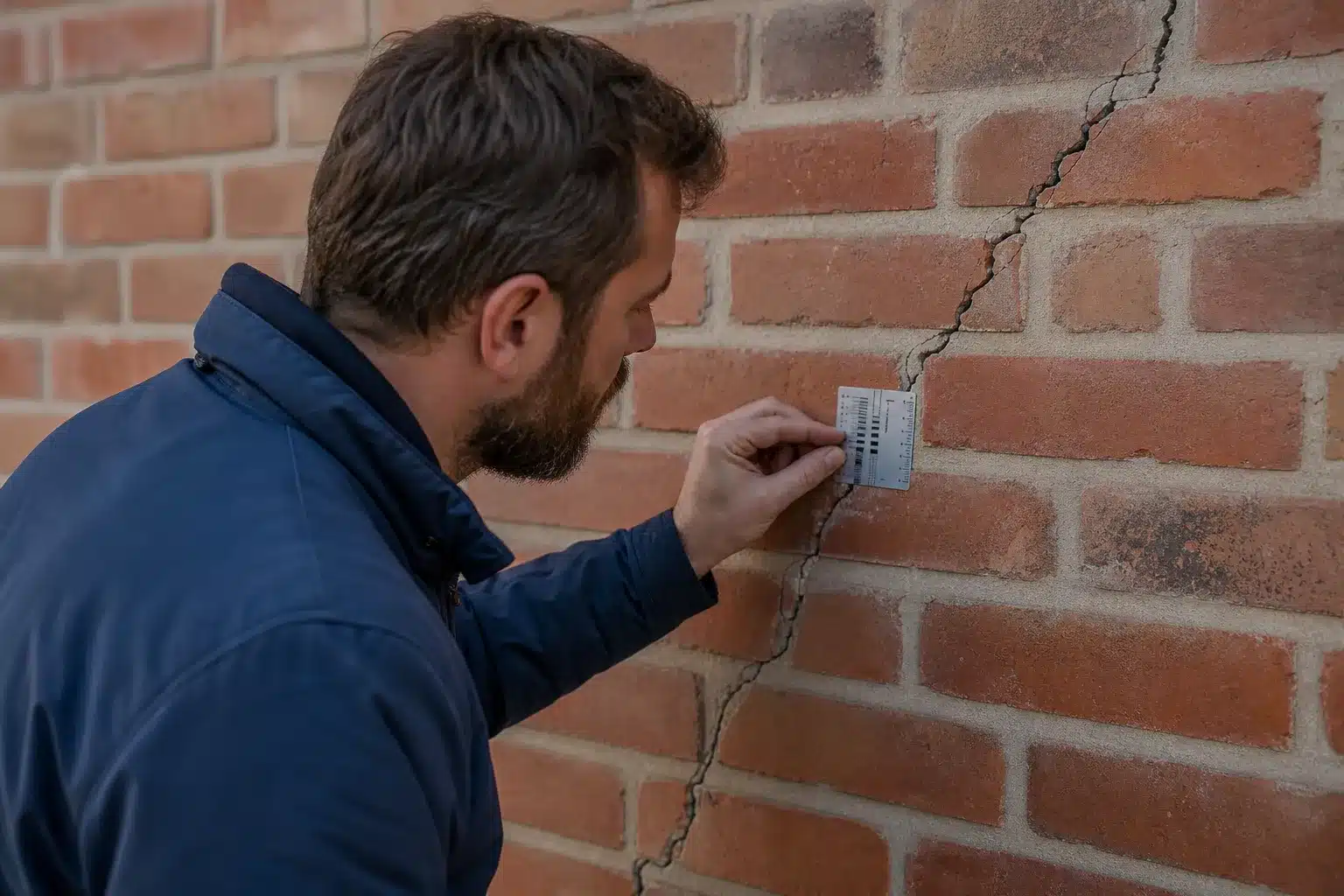 Expert en bâtiment mesurant l'ouverture d'une fissure diagonale sur un mur en briques à l'aide d'une jauge