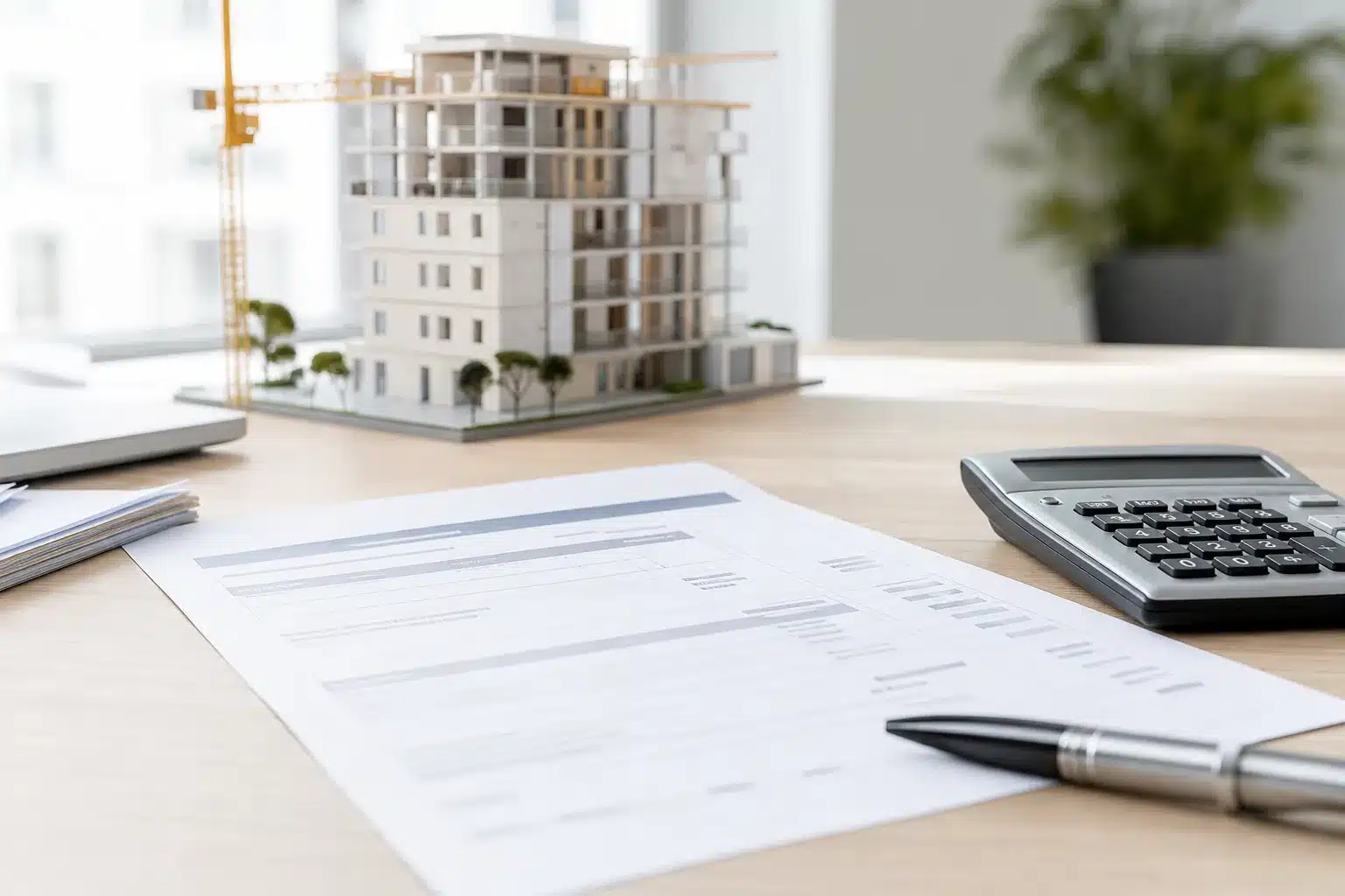 Document d'appel de fonds VEFA posé sur un bureau avec maquette d'immeuble en construction et calculatrice