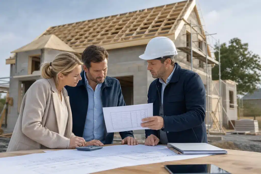 Maîtres d'ouvrage et expert vérifiant un échéancier d'appels de fonds devant une maison en construction en CCMI