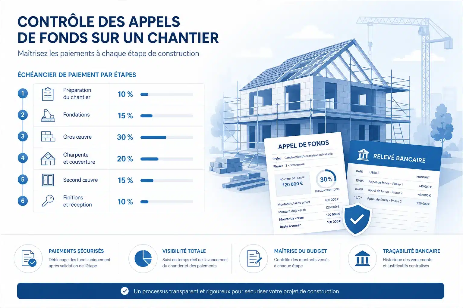 Controle des appels de fonds et paiements echelonnes selon les stades du chantier