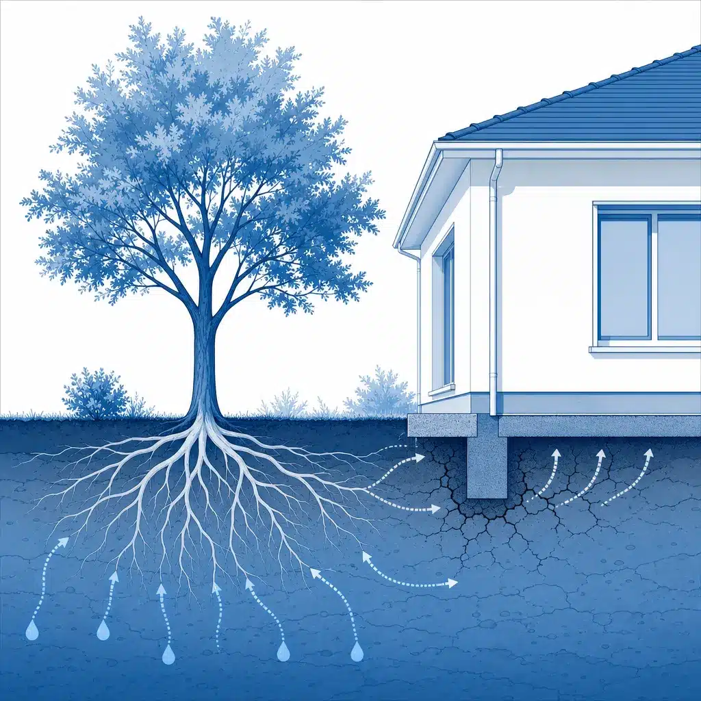 Schema d un arbre dont les racines dessèchent le sol argileux sous une maison
