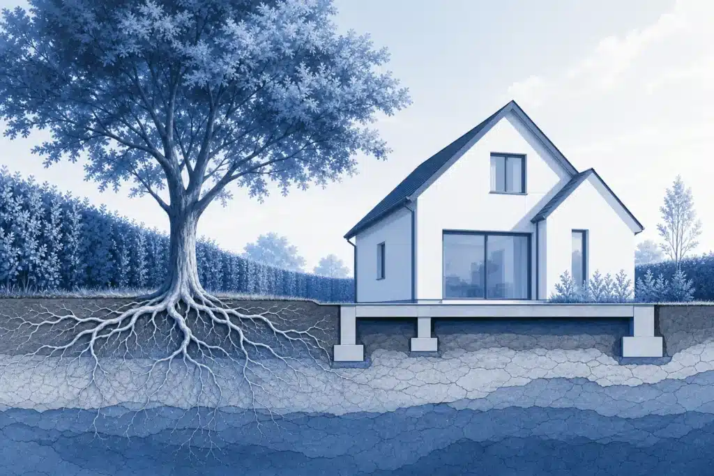Maison avec arbre et haie proches influencant le sol et les fondations