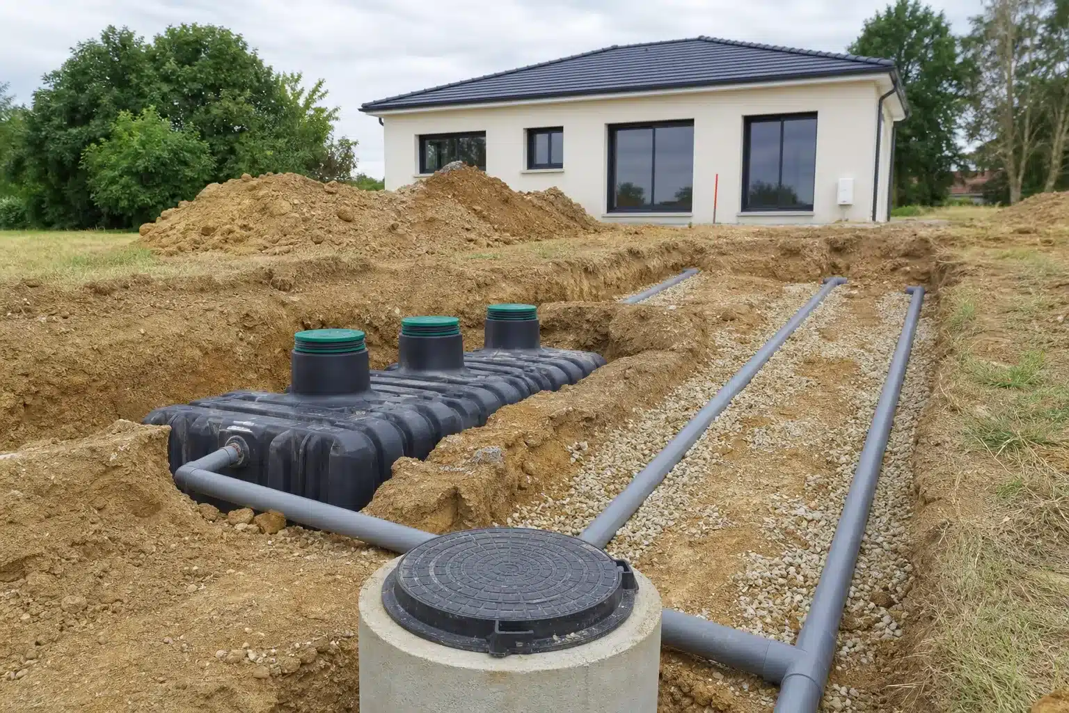 Installation d'assainissement non collectif et gestion des eaux pluviales sur le terrain d'une maison individuelle