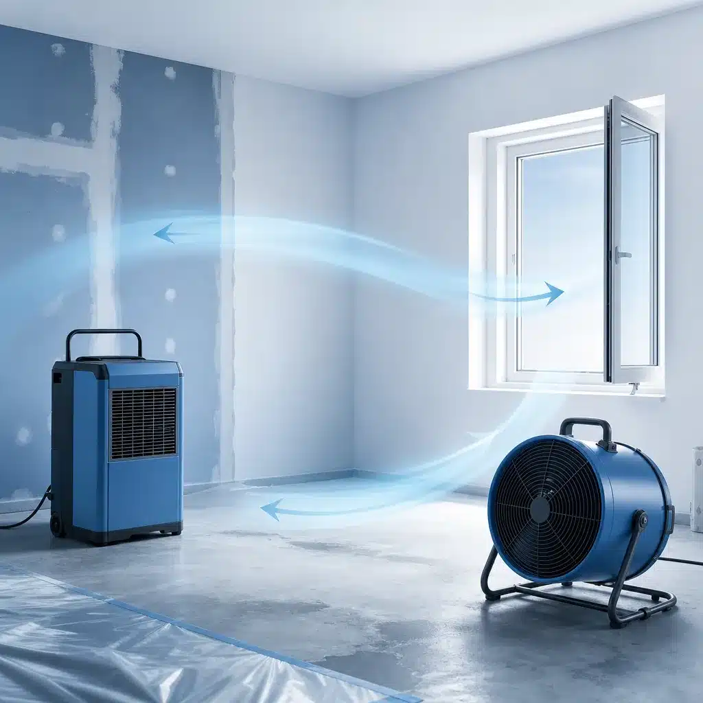 Chantier interieur avec deshumidificateur et ventilateur pour assecher les materiaux