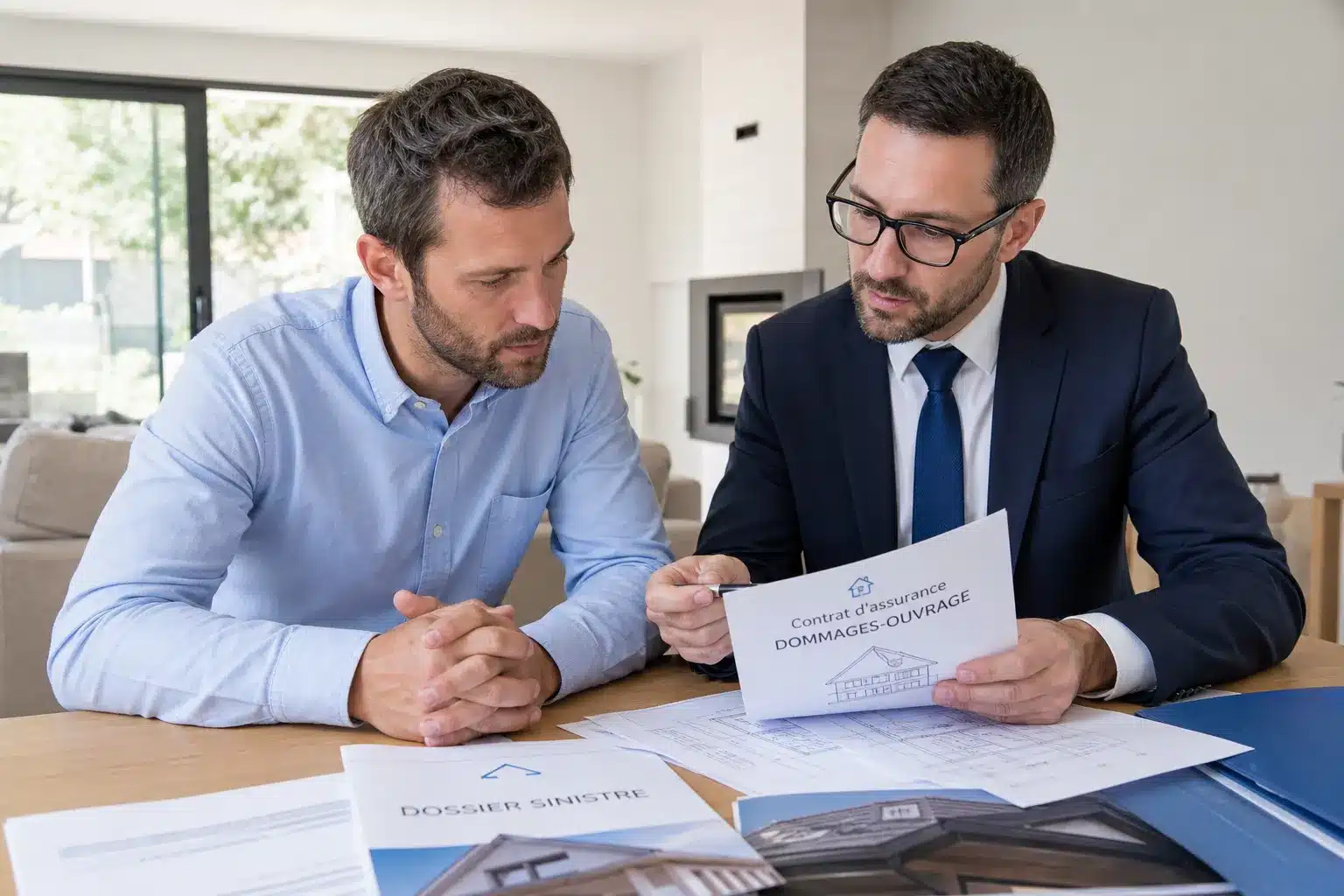 Proprietaire examinant son contrat d'assurance dommages-ouvrage apres reception d'une maison neuve en CCMI