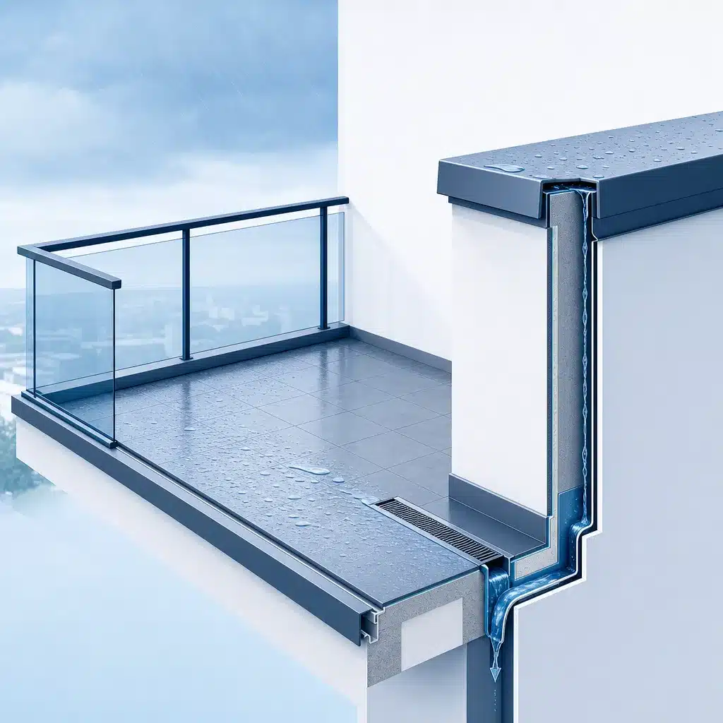 Balcon avec couvertine et evacuation des eaux de pluie