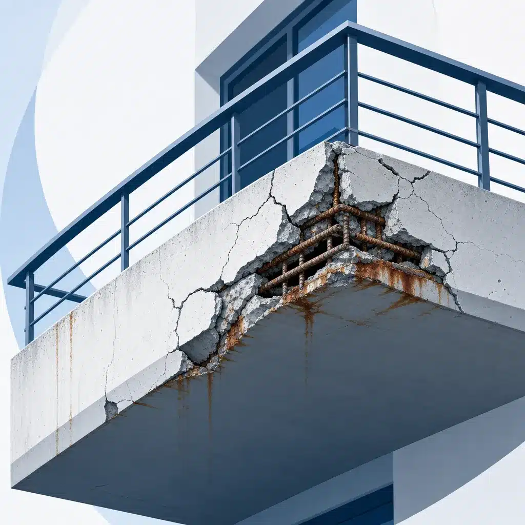 Balcon en beton fissure avec armatures corrodees apparentes