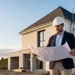 Expert en bâtiment consultant les plans devant une maison individuelle neuve, illustration de la FAQ CCMI de Check my House