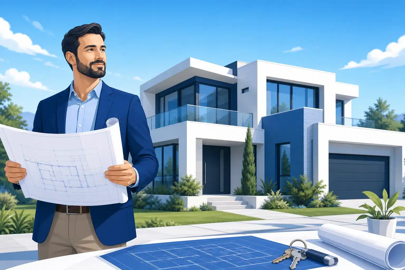 Expert en bâtiment consultant des plans devant une maison neuve, illustration de la FAQ VEFA de Check my House