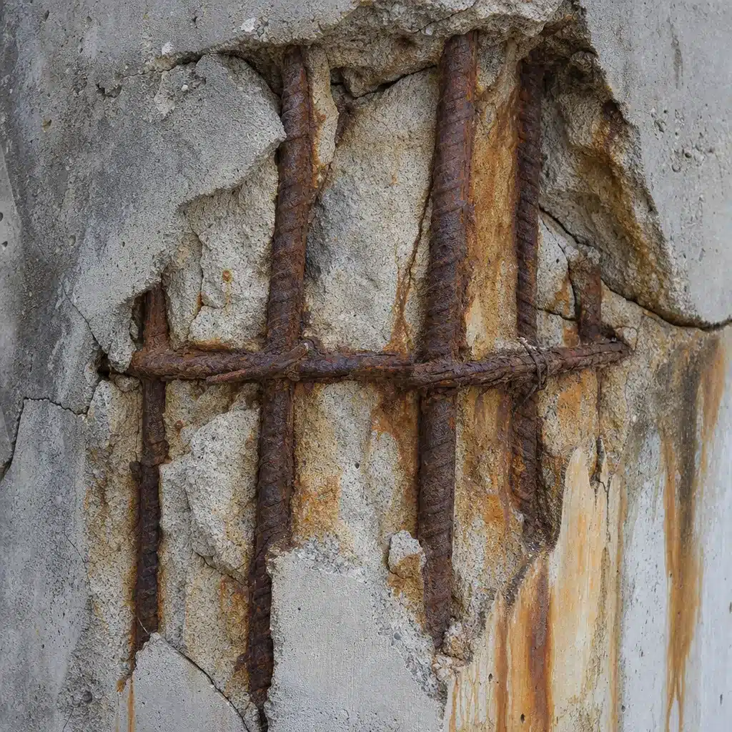 Beton arme eclate avec armatures corrodees et coulures de rouille