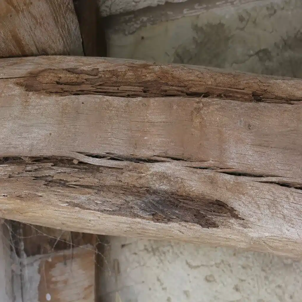 Poutre en bois fissuree et deformee avec traces de pourriture