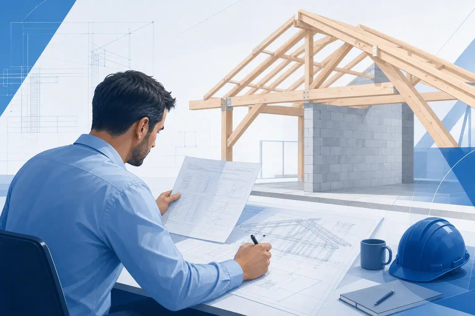 Ingenieur de bureau d etudes analysant des plans et une note de calcul de structure