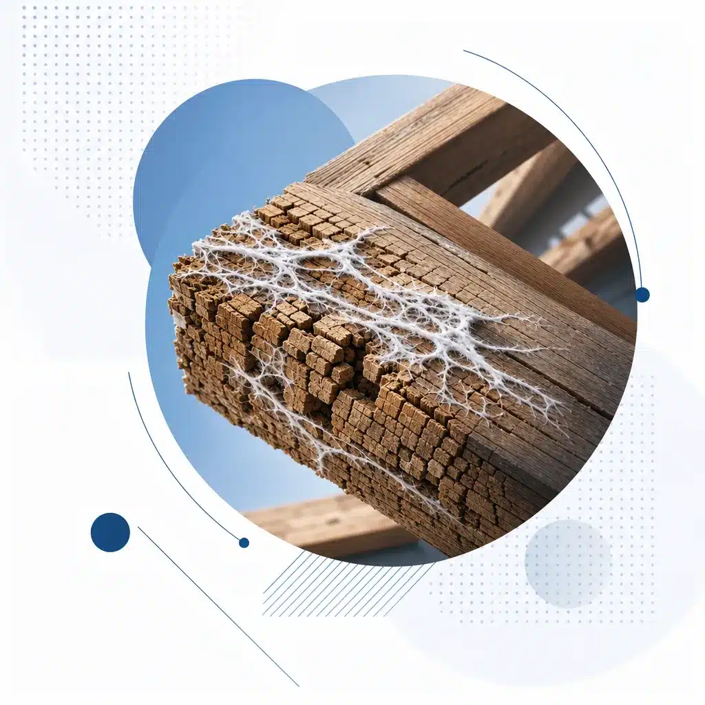 Poutre de bois attaquee par un champignon lignivore avec pourriture cubique et mycelium
