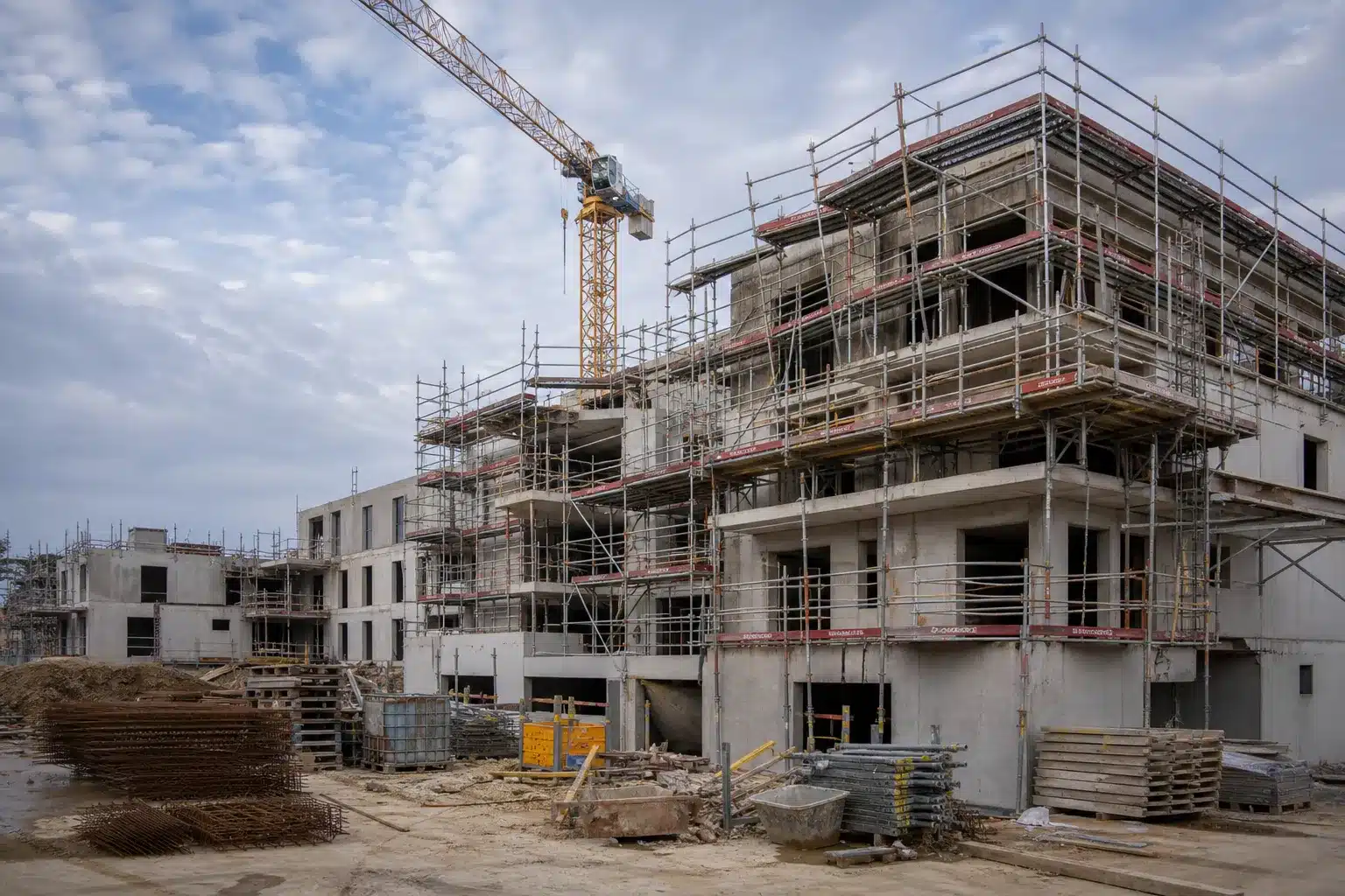 Chantier d'immeuble neuf en VEFA en cours d'achèvement illustrant un retard de livraison
