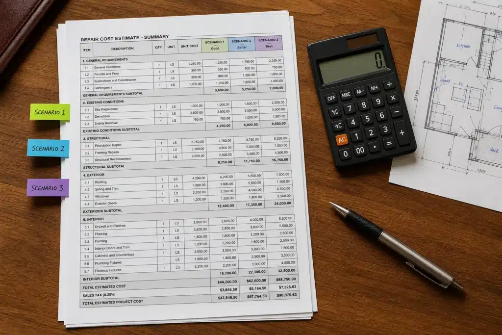 Devis de travaux calculatrice et plan sur un bureau