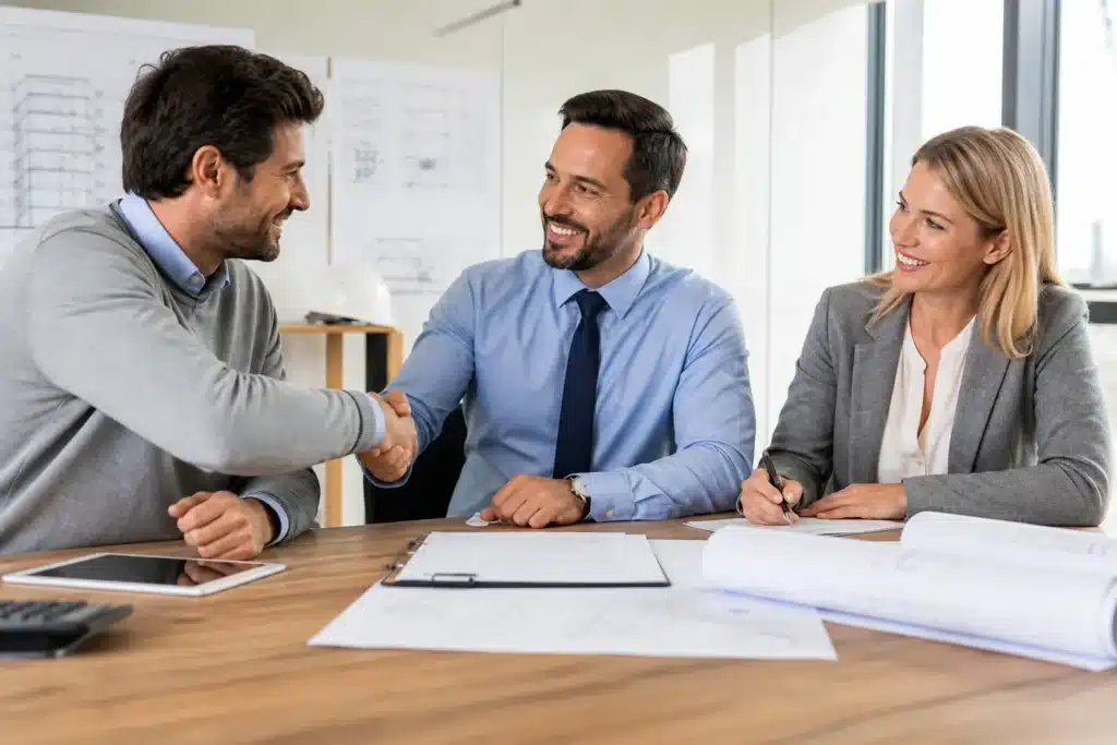 Maitre d'ouvrage signant un contrat de travaux avec un maitre d'oeuvre et un architecte