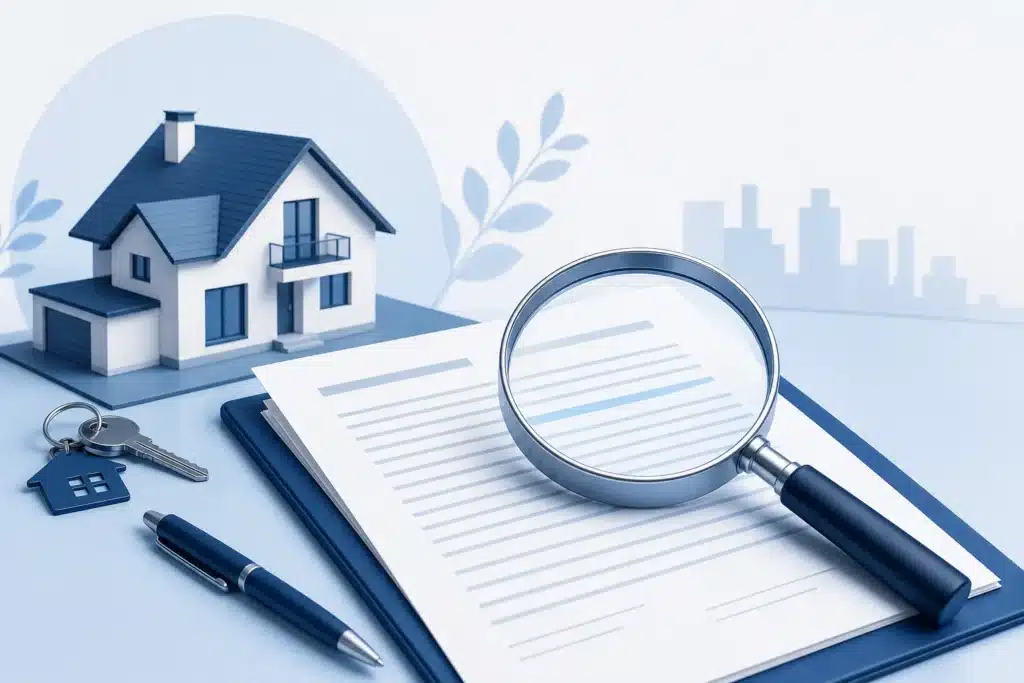 Acte de vente immobilier et loupe examinant une clause d exclusion des vices caches