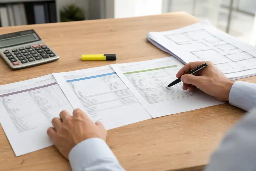 comparaison de plusieurs devis de travaux sur un bureau avec calculatrice