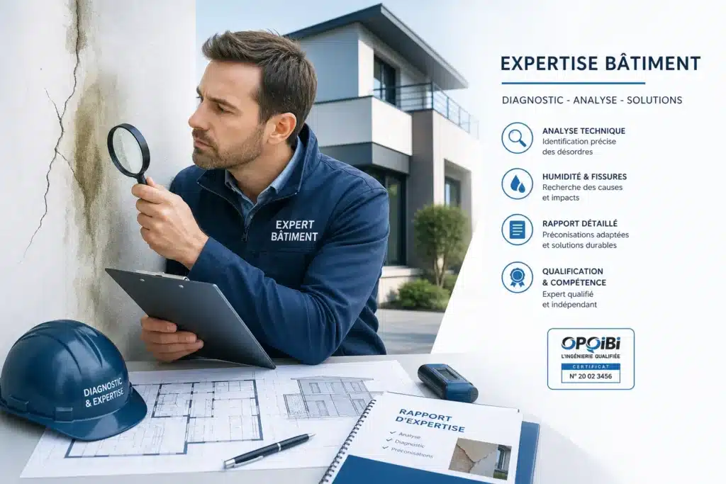 Expert en batiment analysant et qualifiant un defaut de construction sur une maison