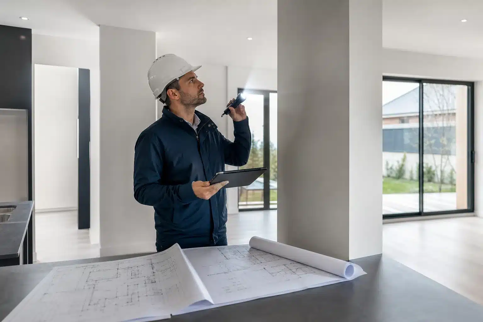 Expert en bâtiment contrôlant les finitions d'une maison neuve lors d'une visite de pré-réception en CCMI