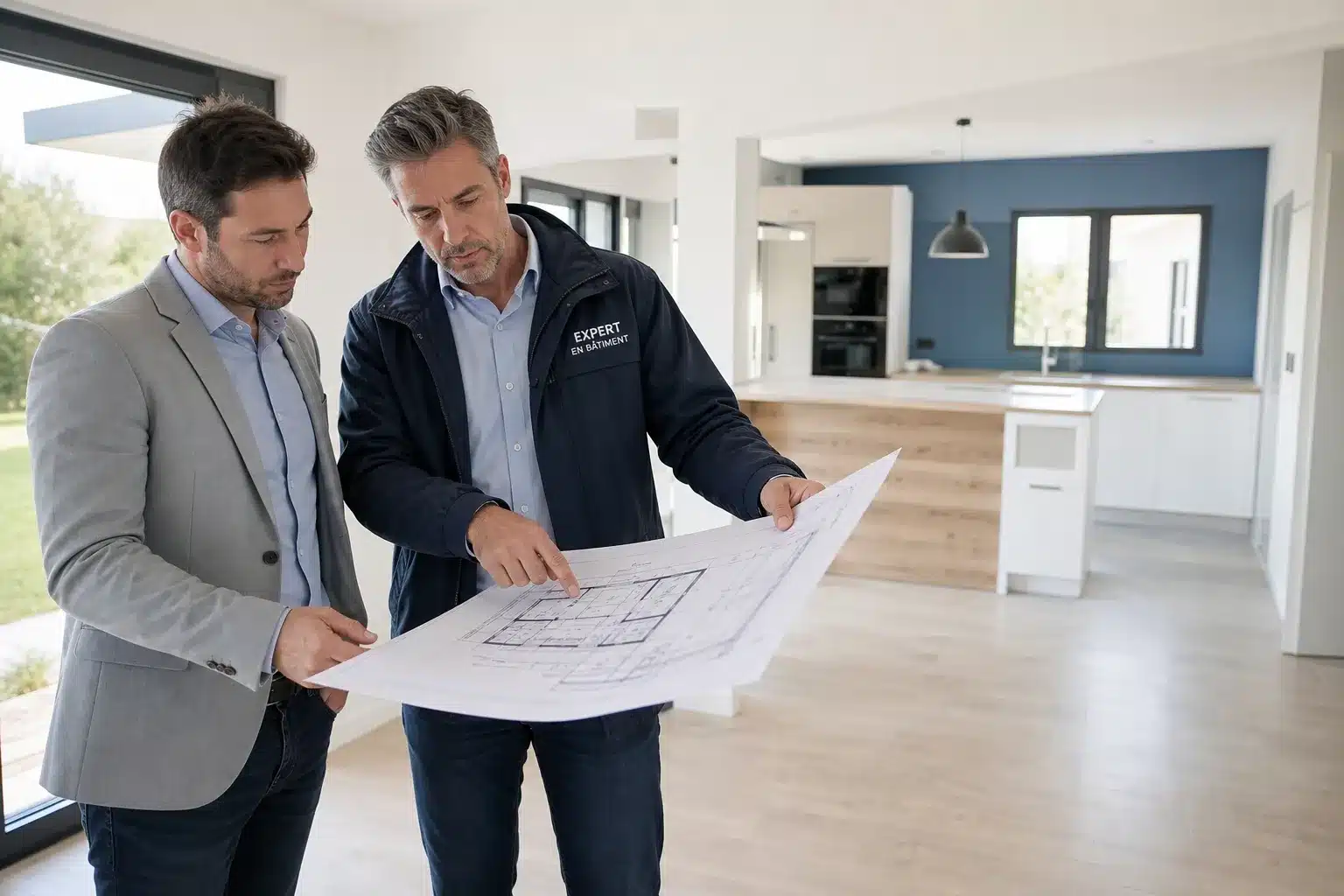 Maître d'ouvrage et expert examinant une maison neuve lors de la réception en CCMI