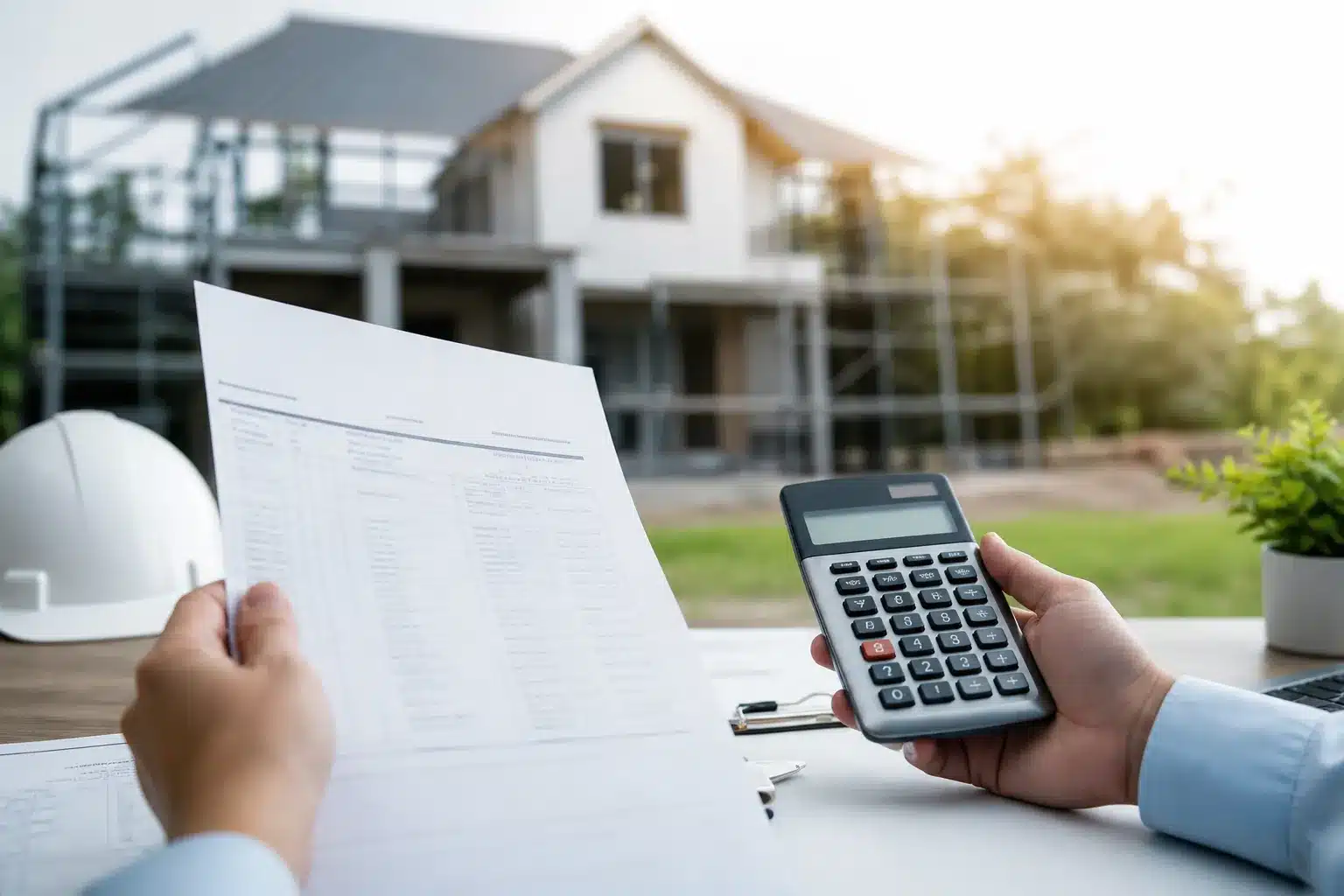 Document d'appel de fonds et calculatrice devant une maison individuelle en construction en CCMI