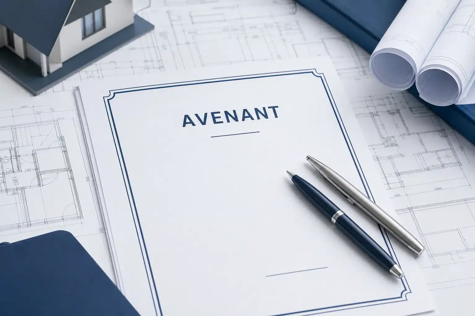Document d'avenant au CCMI posé sur des plans de maison avec deux stylos symbolisant l'accord écrit modifiant le contrat