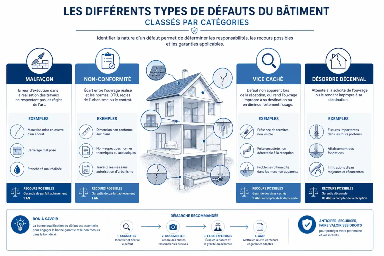 Classification des defauts du batiment malfacon non-conformite vice cache et desordre decennal