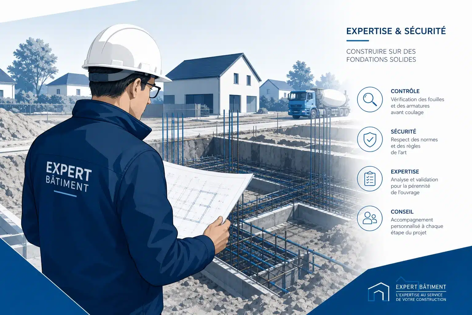 Expert CCMI examinant les ouvrages visibles d'une maison individuelle en construction