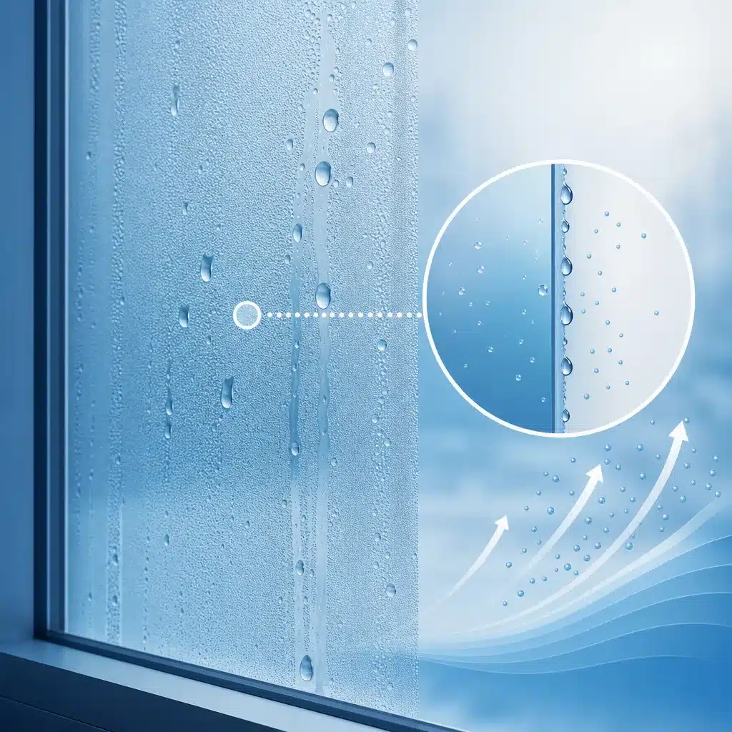 Condensation sur une vitre froide et point de rosee gouttelettes