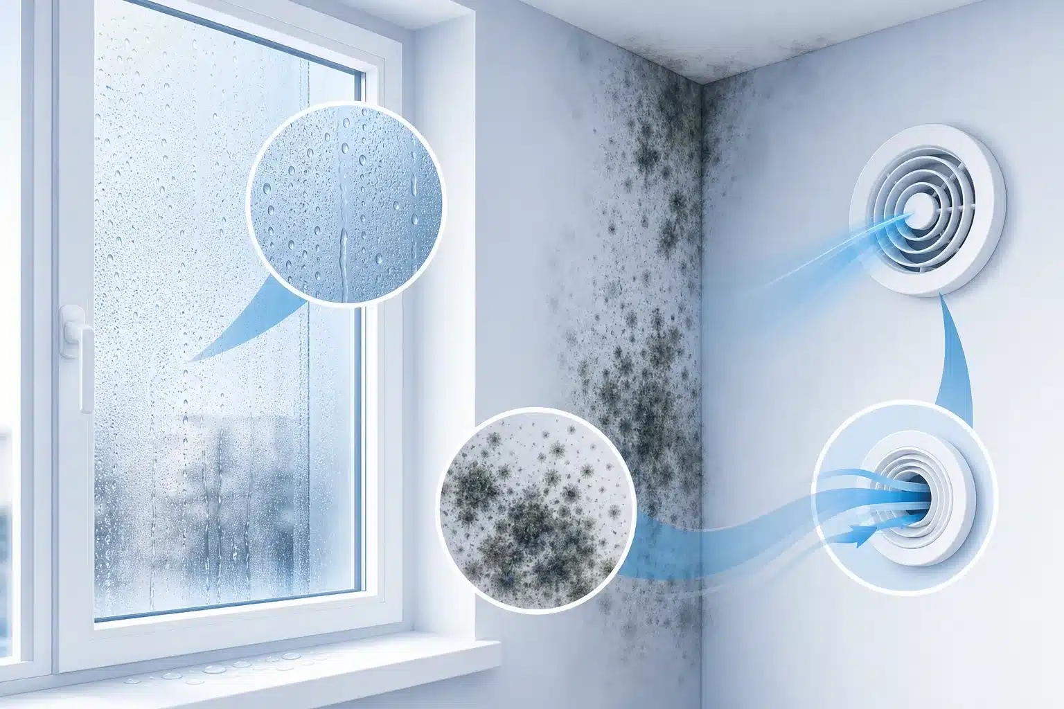 Condensation avec buee et moisissures dans un angle et bouche de ventilation