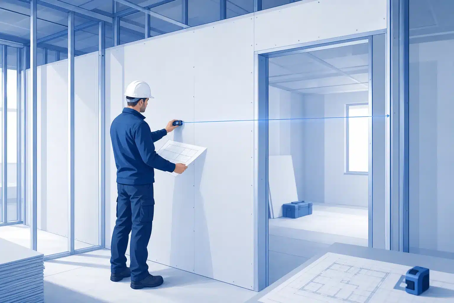 Personne mesurant une cloison et une ouverture avec un metre laser pour verifier la conformite au plan