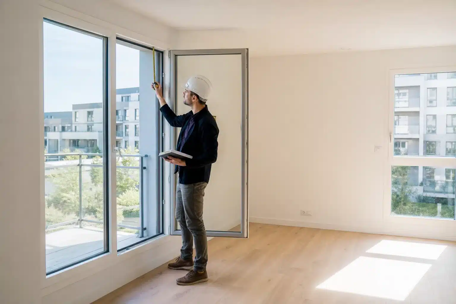 Expert controlant les finitions et les menuiseries d un logement neuf lors de la pre-livraison VEFA
