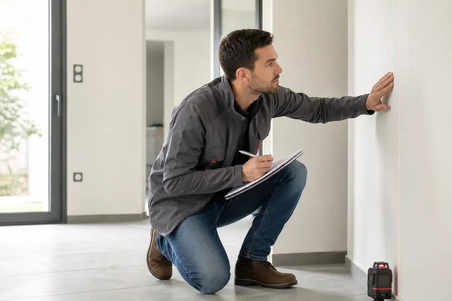 Expert en bâtiment contrôlant les finitions et mesurant une cloison d'un logement VEFA pour identifier les réserves