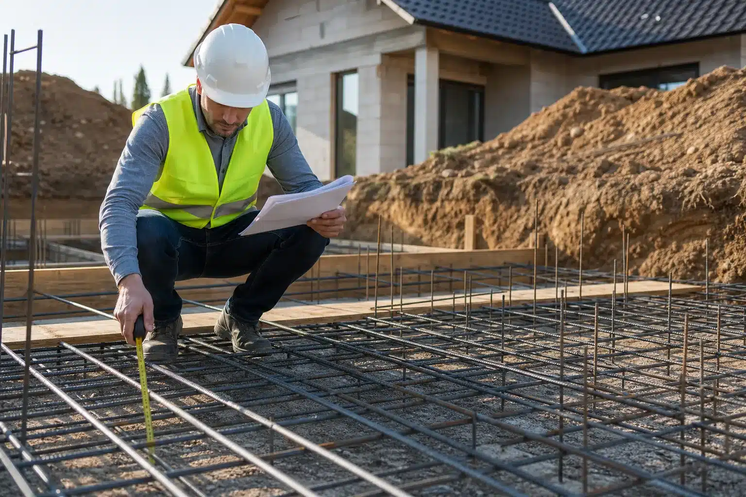 Expert contrôlant les armatures des fondations avant coulage sur un chantier de maison en CCMI