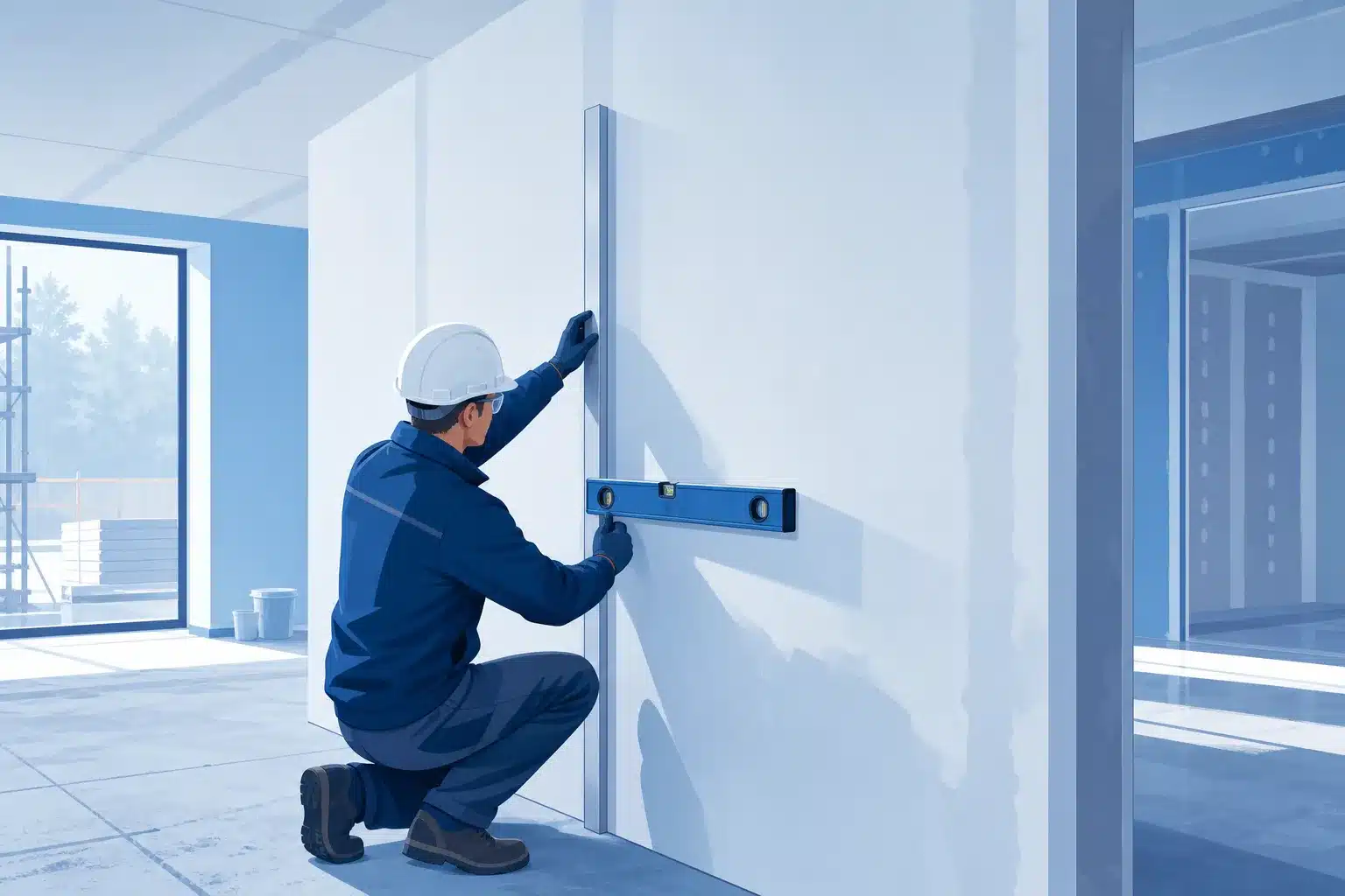 Expert mesurant la planeite d un mur avec une regle pour verifier les tolerances