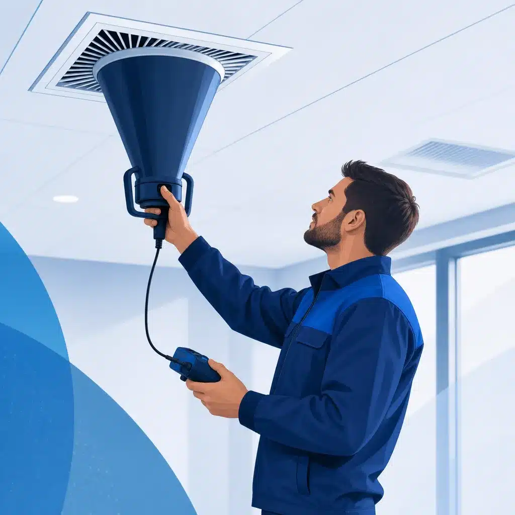 Technicien mesurant le debit d une bouche de ventilation avec un cone