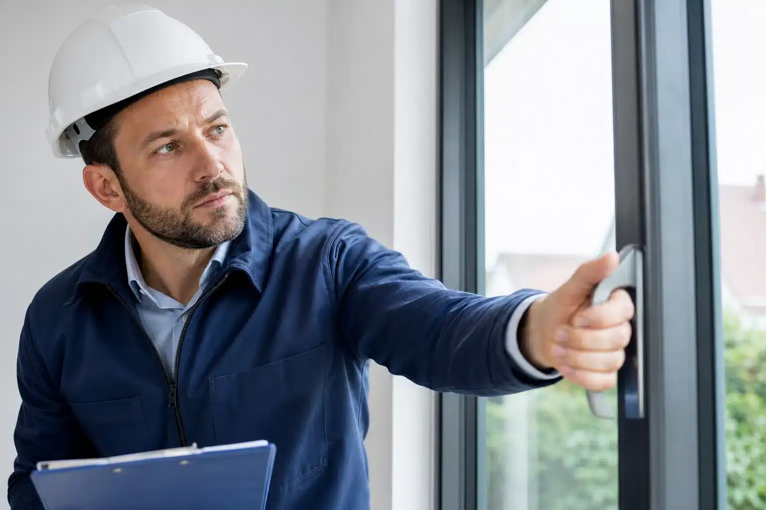 Expert testant les menuiseries et équipements d'une maison neuve lors des contrôles de réception CCMI