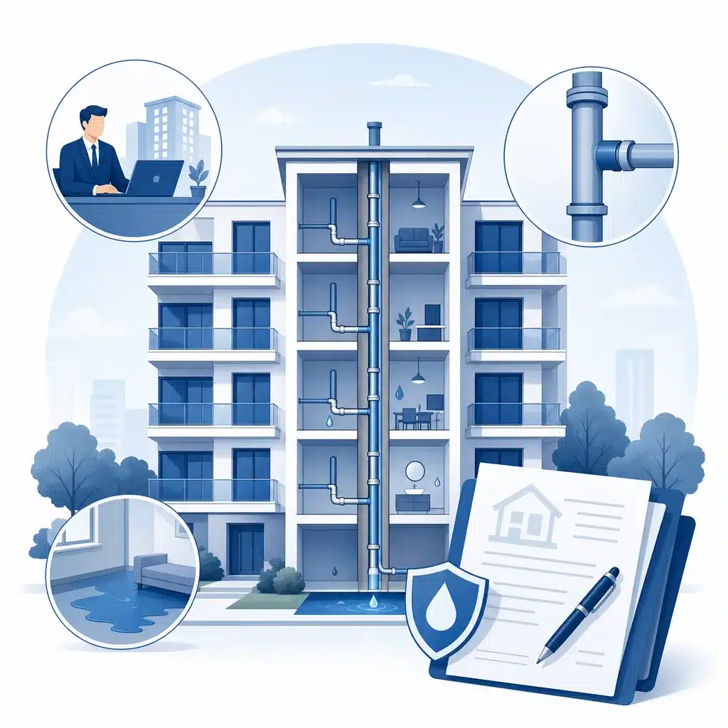 Immeuble en copropriete avec colonne de canalisations commune et documents de responsabilite