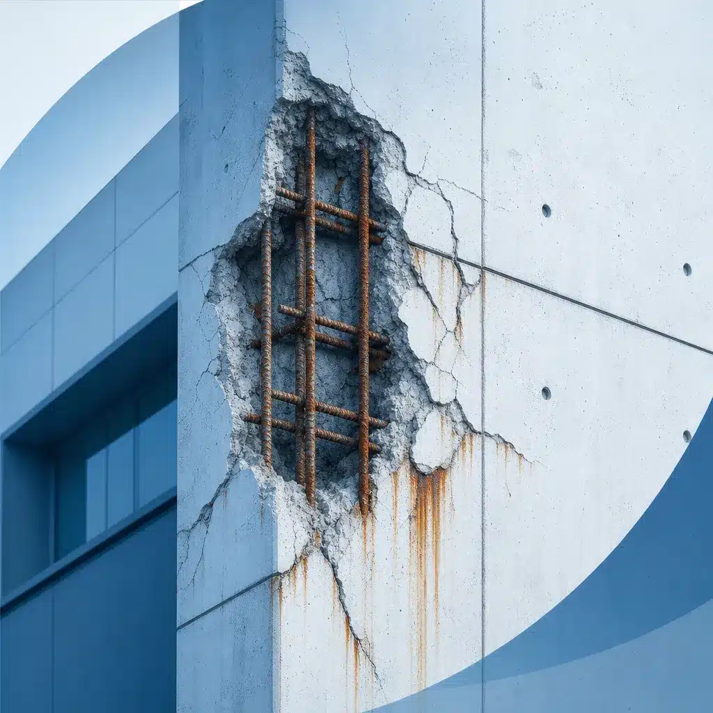 Facade en beton arme avec eclatement et armatures corrodees apparentes et coulures de rouille