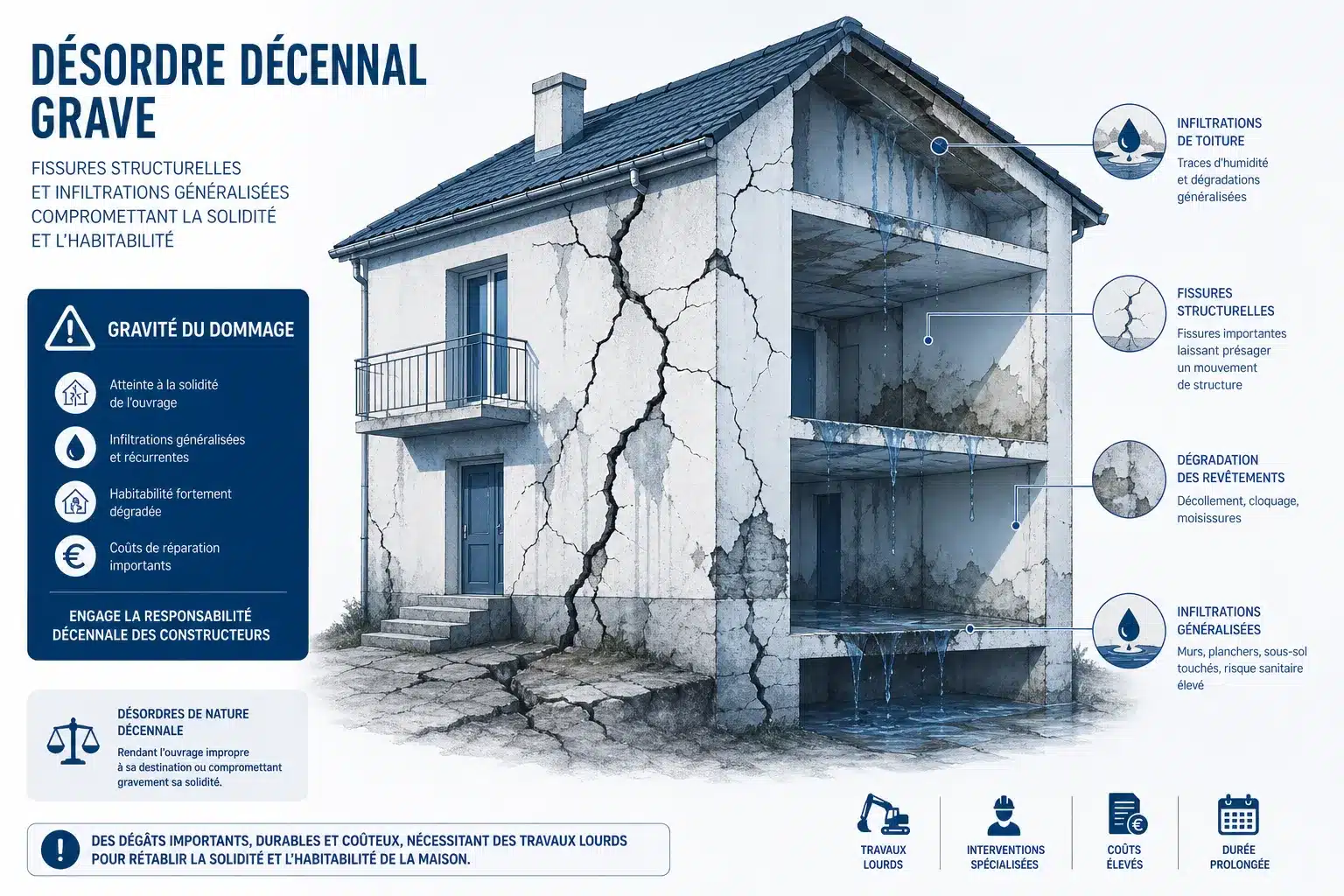 Desordre decennal fissures structurelles et infiltrations compromettant la solidite d'une maison
