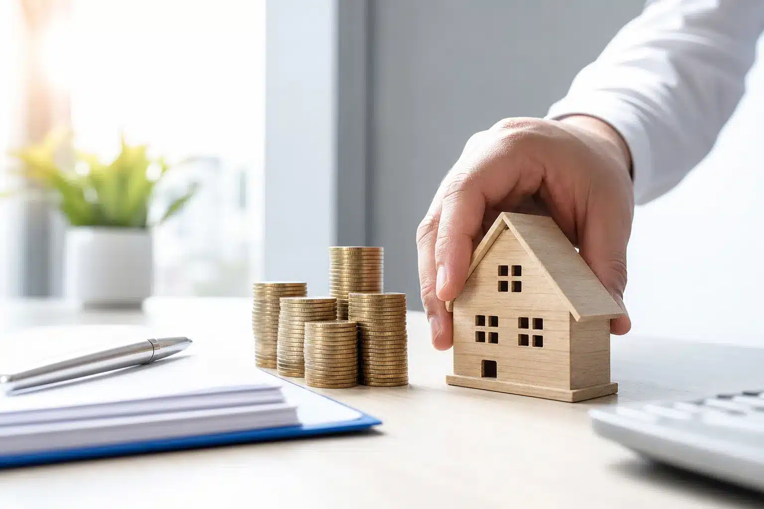 Financement d'un achat en VEFA avec dossier de prêt bancaire, maison en bois et pièces sur un bureau