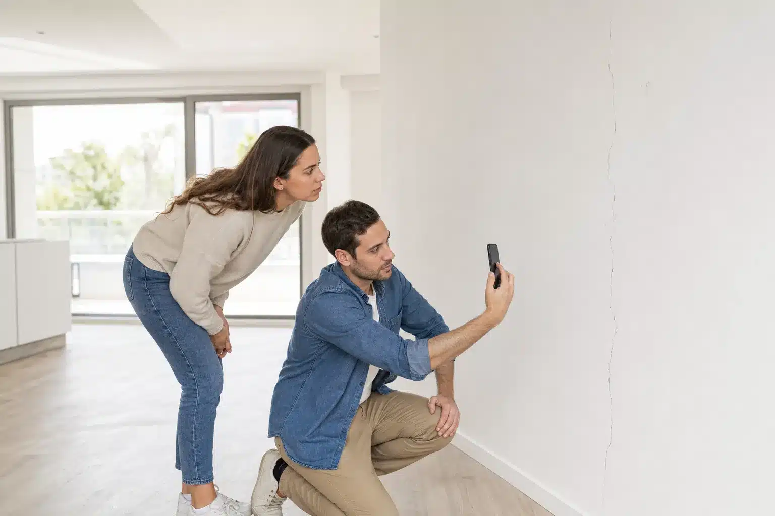 Acquéreurs inspectant et photographiant une fissure sur un mur dans un appartement neuf après la livraison en VEFA
