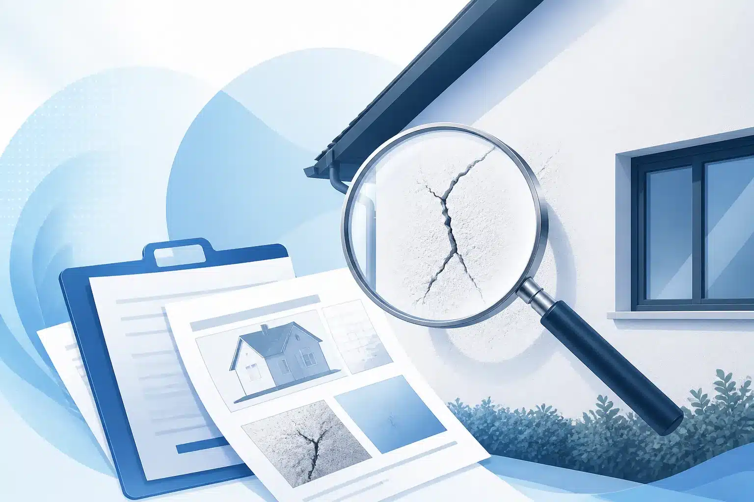 Loupe examinant une fissure et documents de preuve